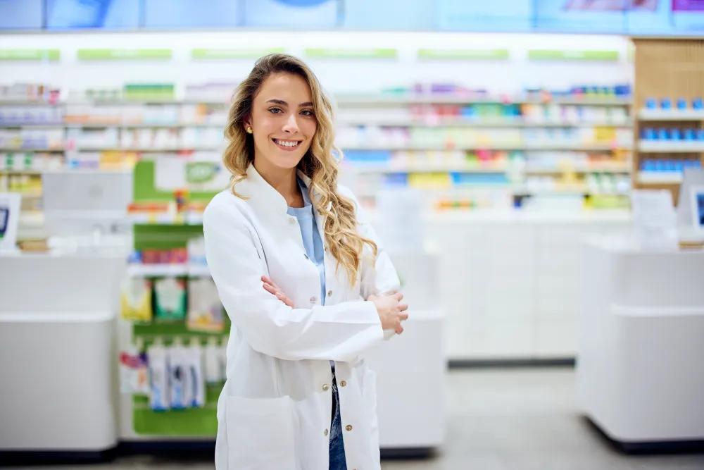 Uśmiechnięta farmaceutka w nowoczesnej aptece